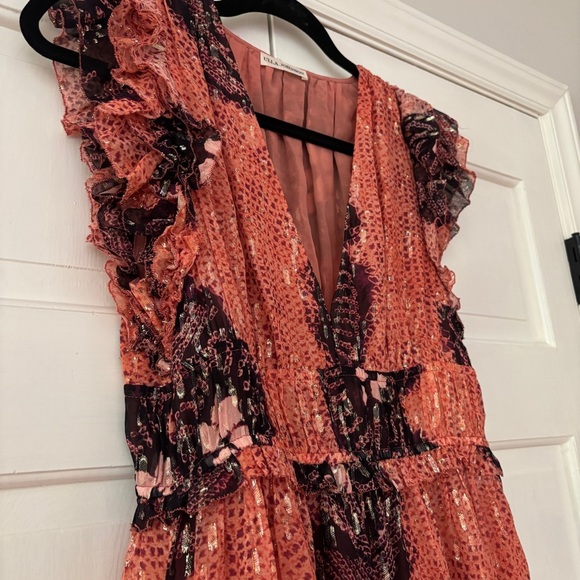 Ulla Johnson Akira Metallic Shibori Silk Printed Midi Dress Coral Pink‎ Size 6 - Picture 11 of 17